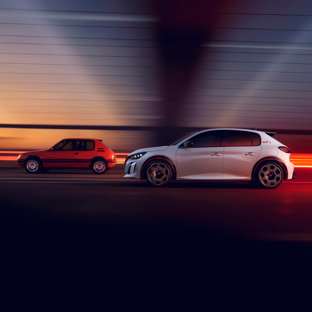 PEUGEOT 205 GTi and PEUGEOT E‑208 GTi driving side by side