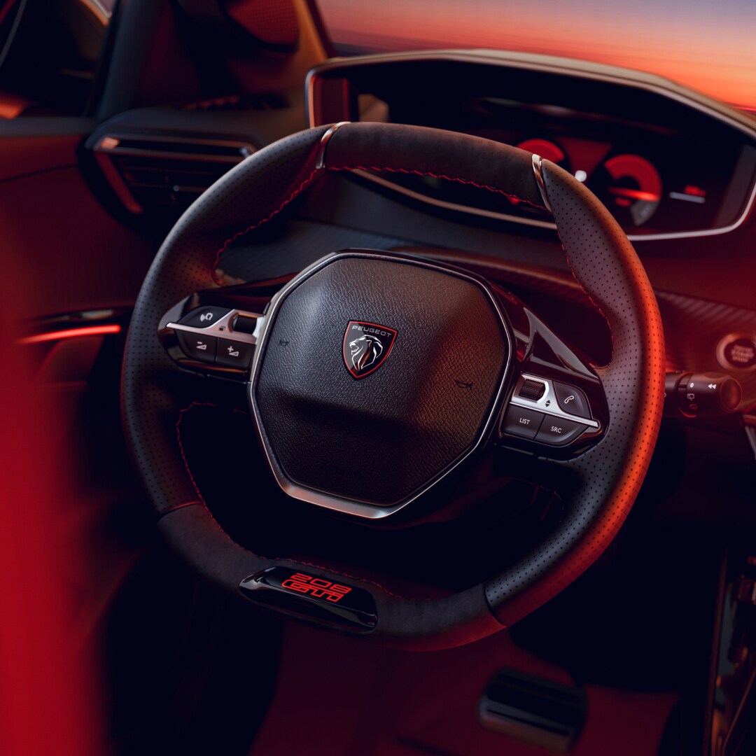 PEUGEOT E‑208 GTi compact steering wheel detail