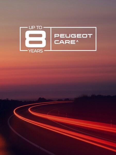 New PEUGEOT E‑208 GTi, road setting with PEUGEOT CARE logo
